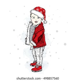 Cute baby in winter clothes. A boy in a jacket and jeans. Vector illustration for a card or poster. Print on clothes. Children's fashion.