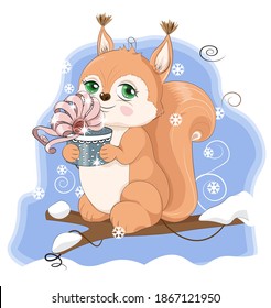 Cute baby winter squirrel with gifts on branch, picture in hand drawing cartoon style, for t-shirt wear fashion print design, greeting card, postcard. baby shower. party invitation