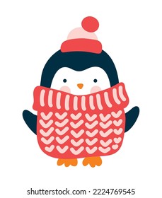 Pingüino vector de invierno lindo en pullover de punto rojo y sombrero al estilo de dibujos animados. Aislado en la ilustración plana de fondo blanco.