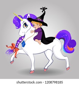 Cute baby witch girl in black hat and purple costume riding beautiful magical unicorn on white. Halloween vector clip art characters for greeting card, kids design, t-shirt print, book illustration