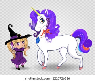 Cute baby witch girl in black hat and purple costume standing together with beautiful kawaii magical unicorn isolated. Halloween characters for clip art, greeting card, kids design, t-shirt print.