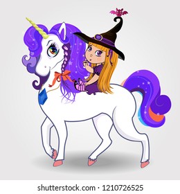 Cute baby witch girl in black hat and purple costume riding beautiful magical unicorn on white. Halloween vector clip art characters for greeting card, kids design, t-shirt print, book illustration