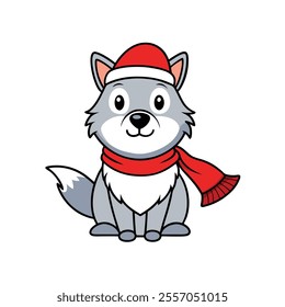 cute baby wolf wearing santa hat with scarf