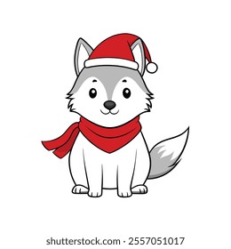 cute baby wolf wearing santa hat with scarf