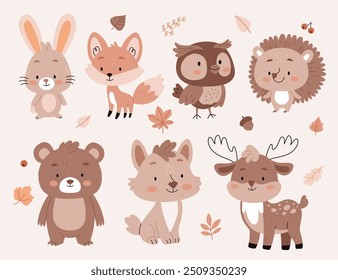 Lindo Vector de animales del bosque del bebé en estilo escandinavo moderno. Colores beige. Liebre, zorro, búho, erizo, oso, lobo, ciervo. Imprimir para la habitación de los niños.