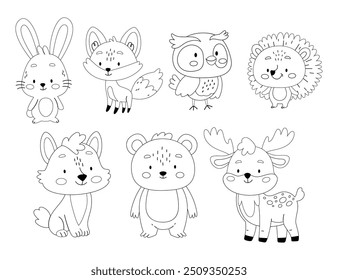 Cute baby woodland animal vector set in linear style. Coloring book. Hare, fox, owl, hedgehog, bear, wolf, deer. Print for children's room.