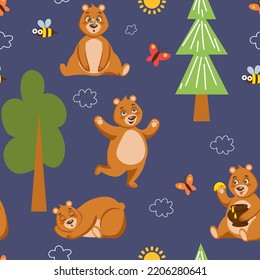 Cute baby woodland bear pattern. Childish nursery wallpaper, autumn wood print. Happy forest creature. Animal actions. Decor textile, wrapping paper. Scandinavian vector seamless background