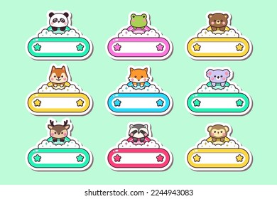 Cute baby woodland forest animals cartoon label name sticker hand drawn style with frame rainbow