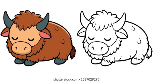 Cute Baby Yak Sleeping Cartoon Isolated Coloring Book For Kids Printable Outline Vector