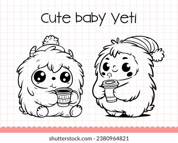 Cute baby yeti colouring page for kids. Vector illustration.