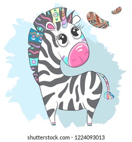 Cute baby Zebra boho cartoon hand drawn vector illustration. Can be used for baby t-shirt print, fashion print design, children wear, baby shower celebration, greeting and invitation card.