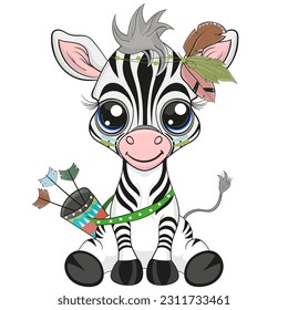 Cute baby zebra boho style illustration. Cartoon style character. Happy baby zebra, Perfect illustration for t-shirt wear fashion print design, greeting card, baby shower, party invitation