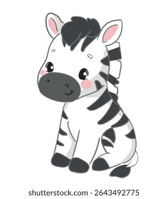 Cute baby zebra cartoon illustration, isolated on white background, nursery animal art for kids hand drawn