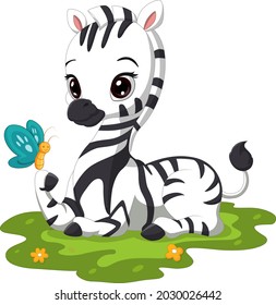 Cute baby zebra cartoon sitting in grass