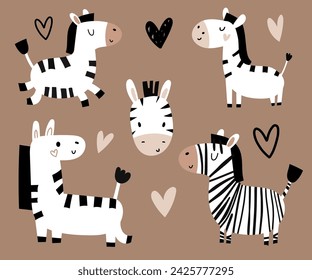 Cute baby zebra character set doodle vector childish kid toddler background in scandinavian minimalist style for bedsheet, fabric, clothes.