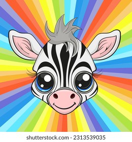 Cute baby zebra face on colorful background. Cartoon style character. Happy baby zebra nursery art, Perfect illustration for t-shirt wear, print design, greeting card, baby shower, party invitation