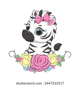 Cute baby zebra with floral wreath. Vector illustration