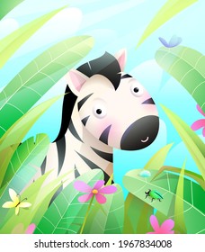 Cute baby zebra hiding in savannah in grass and leaves. Colorful wildlife illustration for kids nursery room print or greeting card design with zebra. Vector cartoon in watercolor style.