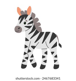 Cute baby zebra illustration image. Use it for happy birthday invitation cards, children's book covers, banner, poster. Flat vector illustration.