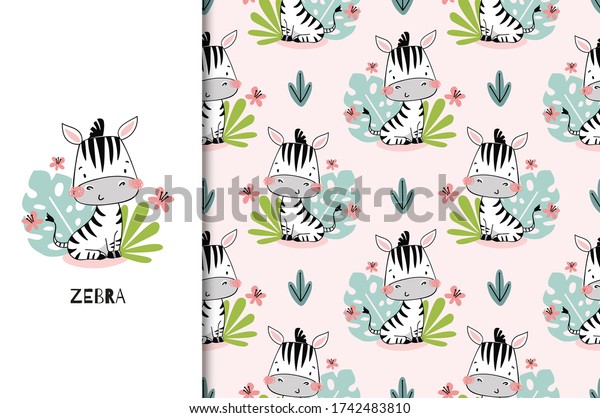 Cute baby zebra jungle animal character sitting among leaves. Kids card template and seamless background pattern set. Hand drawn cartoon surface design illustration. 