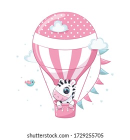 Cute baby zebra on a hot air balloon. Vector illustration for baby shower, greeting card, party invitation, fashion clothes t-shirt print.