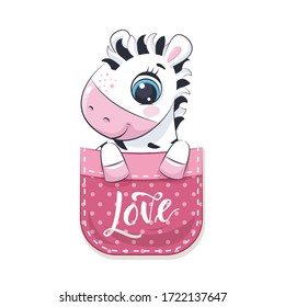 Cute baby zebra in pocket. Vector illustration for baby shower, greeting card, party invitation, fashion clothes t-shirt print.