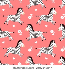 Cute baby zebra seamless vector pattern. Little wild animal childish print on pink background