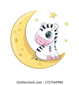 Cute baby zebra sitting on the moon. Vector illustration for baby shower, greeting card, party invitation, fashion clothes t-shirt print.