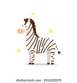 Ein süßes Baby Zebra steht auf isoliertem weißem Hintergrund mit Sternen. Handgezeichnete Cartoon-Flach-Illustration mit kawaii-afrikanischem Tier - kleines Zebra für Kindersymbole, -abdrücke, Textilien