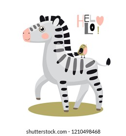 Cute baby zebra vector card. Cartoon vector illustration
