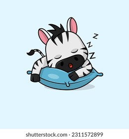Cute baby zebracartoon sleeping face on pillow flat vector icon illustration. Flat vector illustration, flat icon sticker isolated.