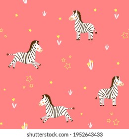 A cute baby zebras seamless vector pattern. Kawaii little african animals standing and crossing on pink background with shapes of stars and flowers. Cartoon print for kids textile or wallpaper