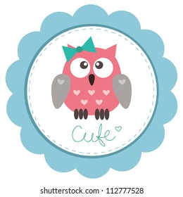 Cute baby-girl owlet against the background of blue rosette.