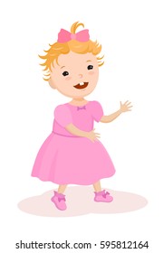 Cute baby's first step. The first movements of a baby girl in a pink dress