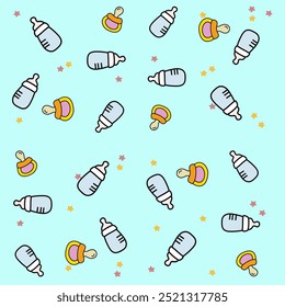 Cute baby-themed pattern with bottles, pacifiers, and stars on a light blue background. Ideal for baby products, nursery decor, and infant clothing designs.