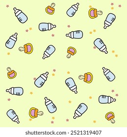 Cute baby-themed pattern with bottles, pacifiers, and stars on a light yellow background. Ideal for baby products, nursery decor, and infant clothing designs.