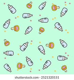 Cute baby-themed pattern with bottles, pacifiers, and stars on a light green background. Ideal for baby products, nursery decor, and infant clothing designs.