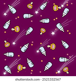 Cute baby-themed seamless pattern with baby bottles, pacifiers, and stars on a vibrant purple background. Perfect for children’s products, nursery decor, fabric, or wrapping paper designs.