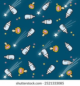 Cute baby-themed seamless pattern with baby bottles, pacifiers, and stars on a blue background. Perfect for children’s products, nursery decor, fabric, or wrapping paper designs.