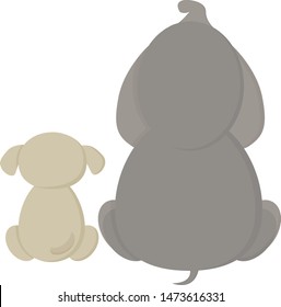 Una linda pose trasera de un perro y un elefante sentado, vectorial, dibujo a color o ilustración.
