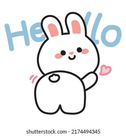 Cute back rabbit greeting with hello text.Funny animal character design.Kid graphic.Kawaii.Vector.Illustration.