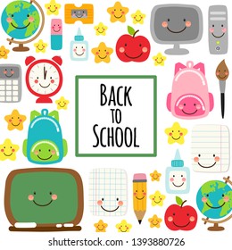 Cute Back to school banner design with colorful funny cartoon characters, education theme background