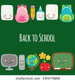 Cute Back to school banner design with colorful funny cartoon characters, education theme background