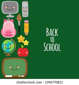 Cute Back to school banner design with colorful funny cartoon characters, education theme background