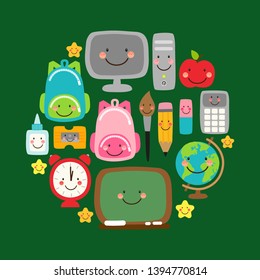 Cute Back to school banner design with colorful funny cartoon characters, education theme background