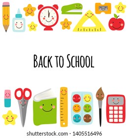 Cute Back to school banner design with colorful funny cartoon characters, education theme background for your decoration