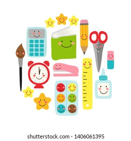 Cute Back to school banner design with colorful funny cartoon characters, education theme background for your decoration