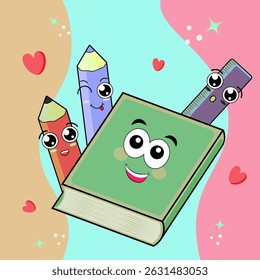Cute Back to school banner design with colorful funny cartoon characters, education theme background