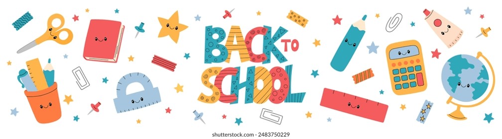 Cute Back to school banner. Office stationery elements vector background. School rectangular horizontal web banner. Funny educational smiling characters and text