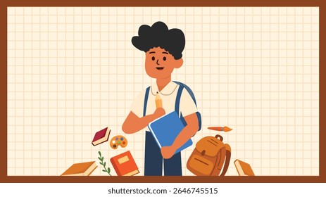 Cute back to school boy reading book with school supplies backpack and grid pattern background for kids design
